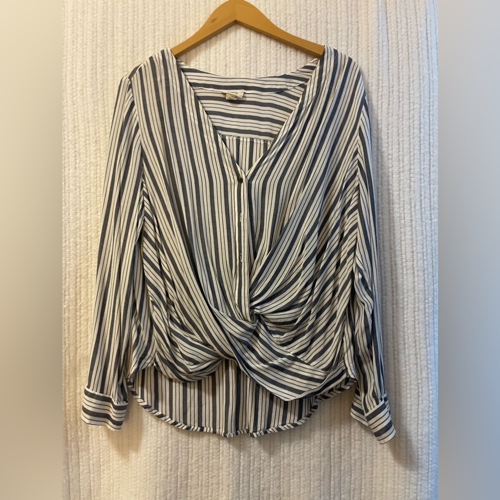 ANA Women’s Blue & White Striped Blouse Large Knot In Front
